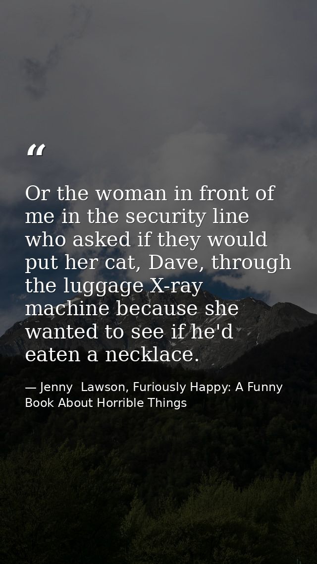 Or the woman in front of me in the security line who asked if they would put her cat, Dave, through the luggage X-ray ma — Jenny  Lawson, Furiously Happy: A Funny Book About Horrible Things