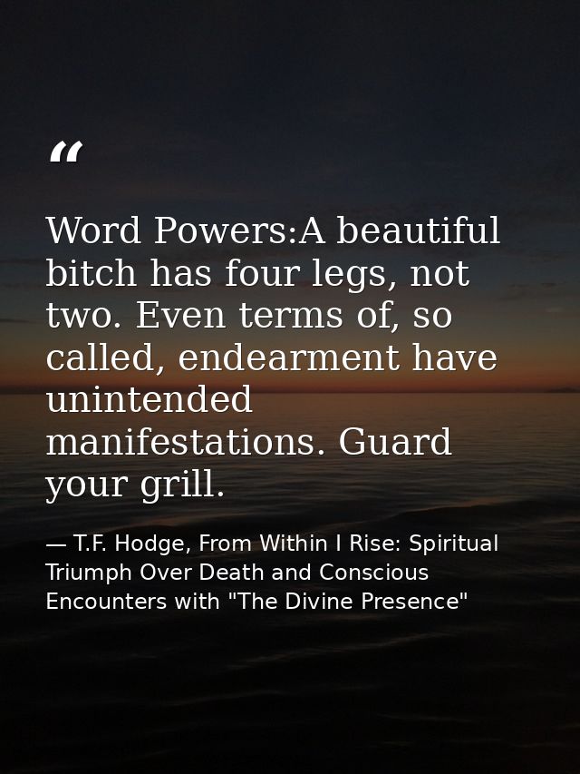 Word Powers:A beautiful bitch has four legs, not two. Even terms of, so called, endearment have unintended manifestation — T.F. Hodge, From Within I Rise: Spiritual Triumph Over Death and Conscious Encounters with "The Divine Presence"