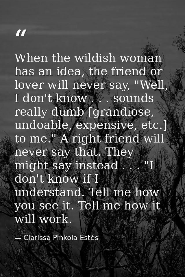 When the wildish woman has an idea, the friend or lover will never say, "Well, I don't know . . . sounds really dumb [gr — Clarissa Pinkola Estés