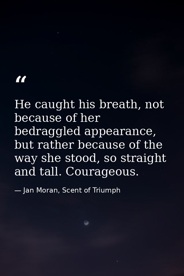 He caught his breath, not because of her bedraggled appearance, but rather because of the way she stood, so straight and — Jan Moran, Scent of Triumph