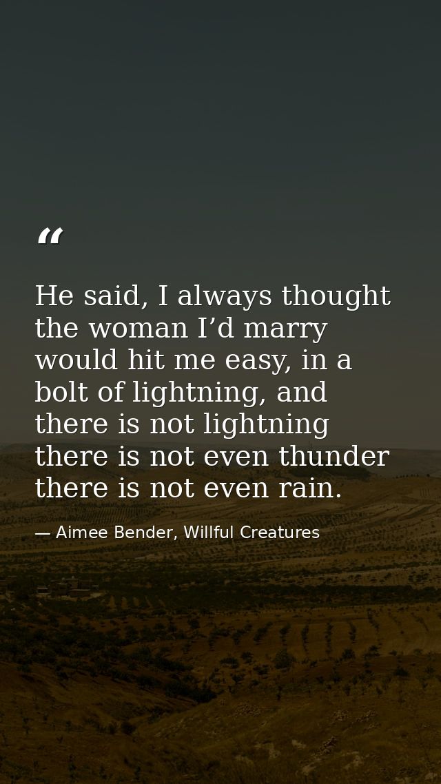 He said, I always thought the woman I’d marry would hit me easy, in a bolt of lightning, and there is not lightning ther — Aimee Bender, Willful Creatures
