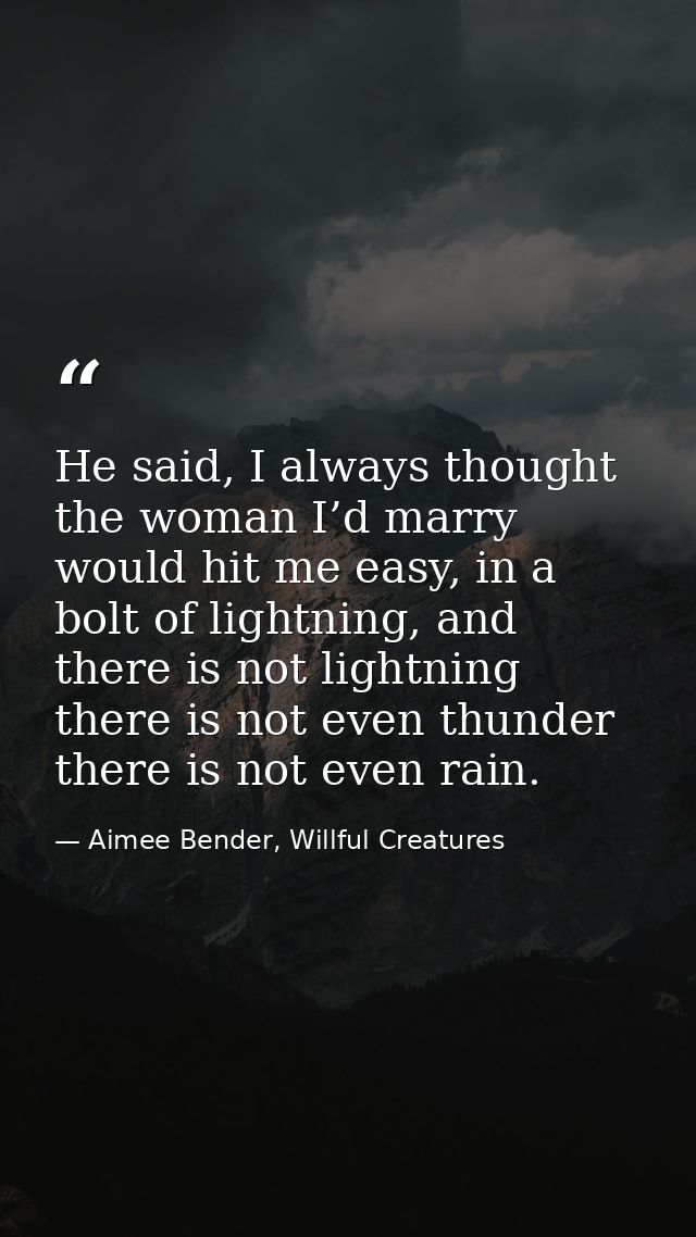 He said, I always thought the woman I’d marry would hit me easy, in a bolt of lightning, and there is not lightning ther — Aimee Bender, Willful Creatures
