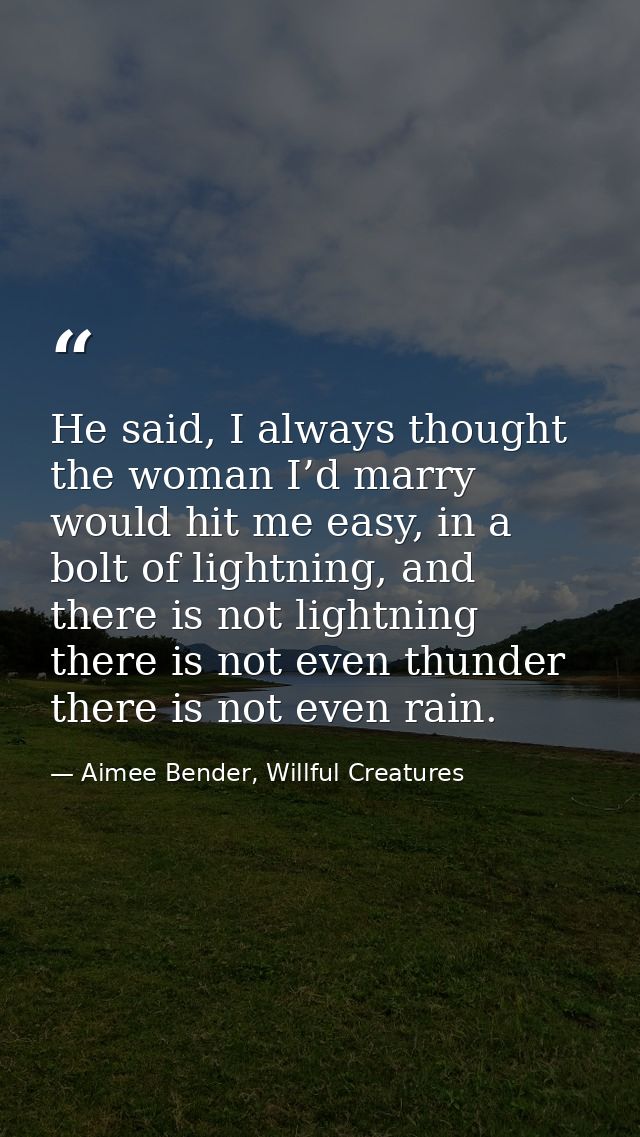He said, I always thought the woman I’d marry would hit me easy, in a bolt of lightning, and there is not lightning ther — Aimee Bender, Willful Creatures
