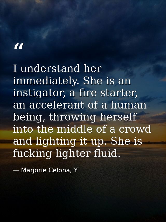 I understand her immediately. She is an instigator, a fire starter, an accelerant of a human being, throwing herself int — Marjorie Celona, Y