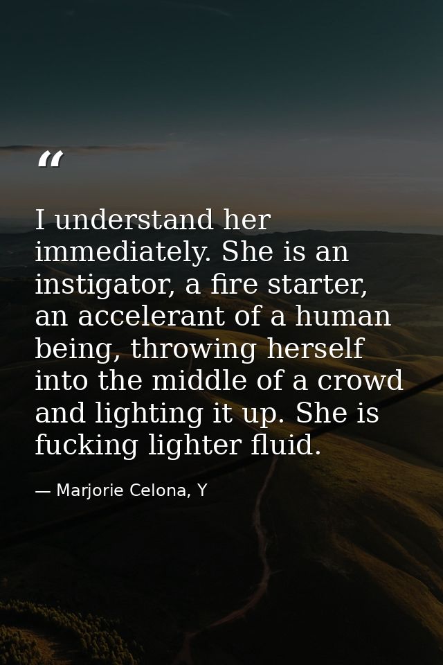 I understand her immediately. She is an instigator, a fire starter, an accelerant of a human being, throwing herself int — Marjorie Celona, Y