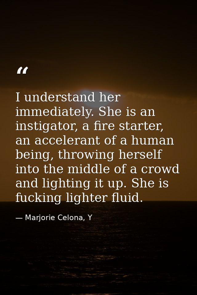I understand her immediately. She is an instigator, a fire starter, an accelerant of a human being, throwing herself int — Marjorie Celona, Y