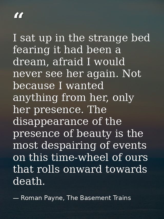 I sat up in the strange bed fearing it had been a dream, afraid I would never see her again. Not because I wanted anythi — Roman Payne, The Basement Trains