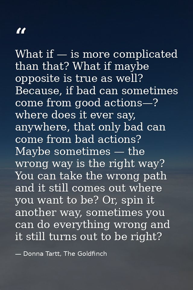What if — is more complicated than that? What if maybe opposite is true as well? Because, if bad can sometimes come from — Donna Tartt, The Goldfinch