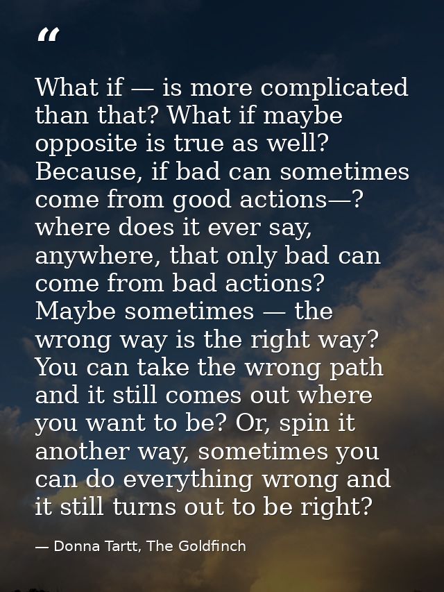 What if — is more complicated than that? What if maybe opposite is true as well? Because, if bad can sometimes come from — Donna Tartt, The Goldfinch