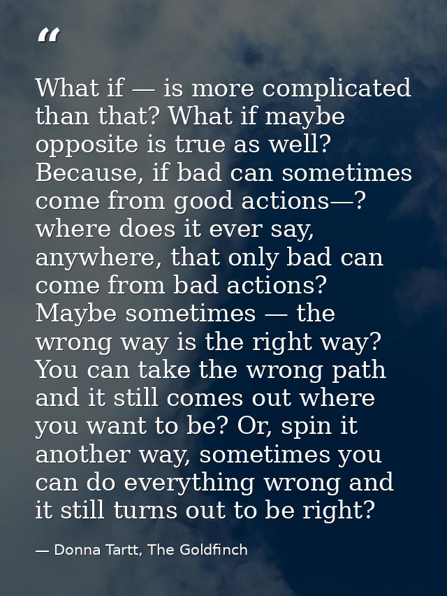 What if — is more complicated than that? What if maybe opposite is true as well? Because, if bad can sometimes come from — Donna Tartt, The Goldfinch