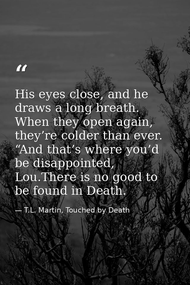 His eyes close, and he draws a long breath. When they open again, they’re colder than ever. “And that’s where you’d be d — T.L. Martin, Touched by Death