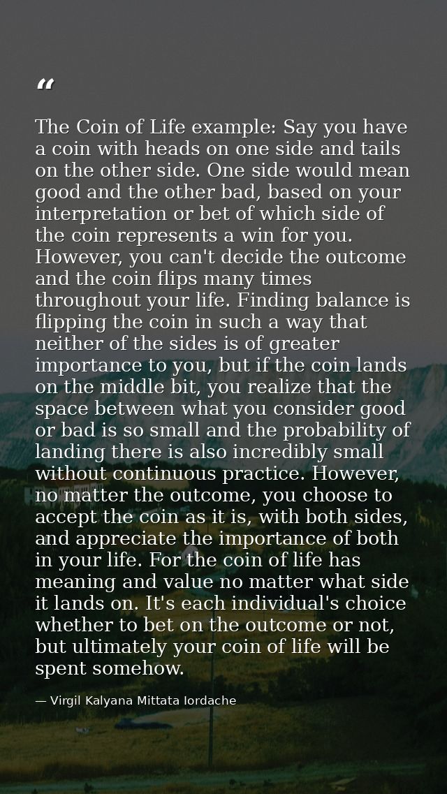 The Coin of Life example: Say you have a coin with heads on one side and tails on the other side. One side would mean go — Virgil Kalyana Mittata Iordache