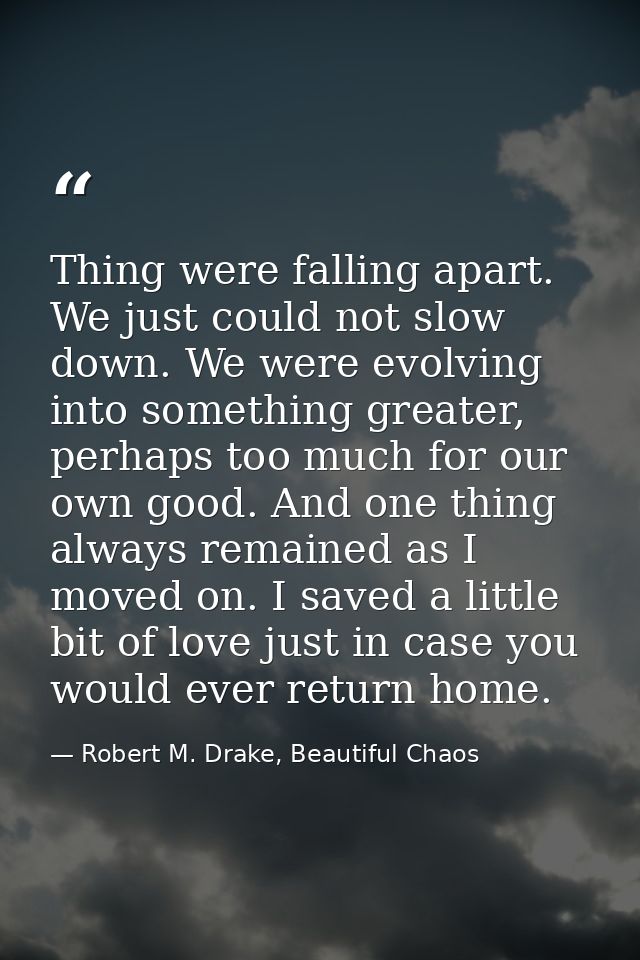 Thing were falling apart. We just could not slow down. We were evolving into something greater, perhaps too much for our — Robert M. Drake, Beautiful Chaos