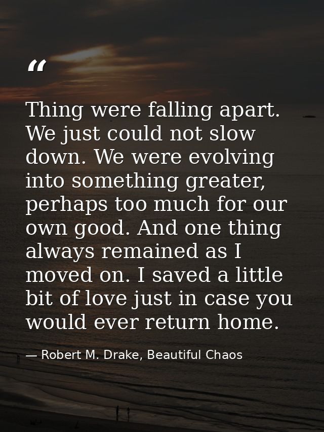 Thing were falling apart. We just could not slow down. We were evolving into something greater, perhaps too much for our — Robert M. Drake, Beautiful Chaos