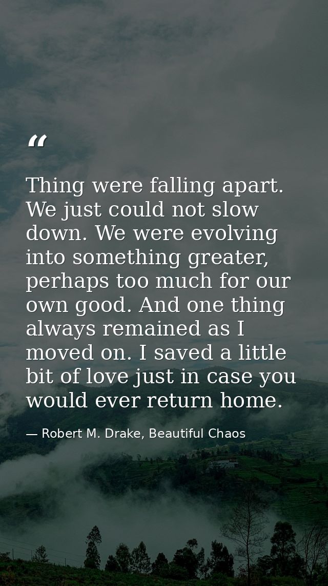 Thing were falling apart. We just could not slow down. We were evolving into something greater, perhaps too much for our — Robert M. Drake, Beautiful Chaos