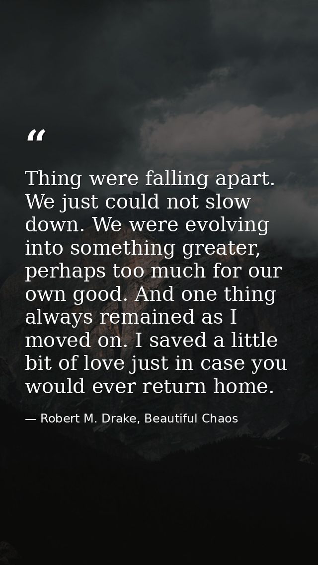 Thing were falling apart. We just could not slow down. We were evolving into something greater, perhaps too much for our — Robert M. Drake, Beautiful Chaos