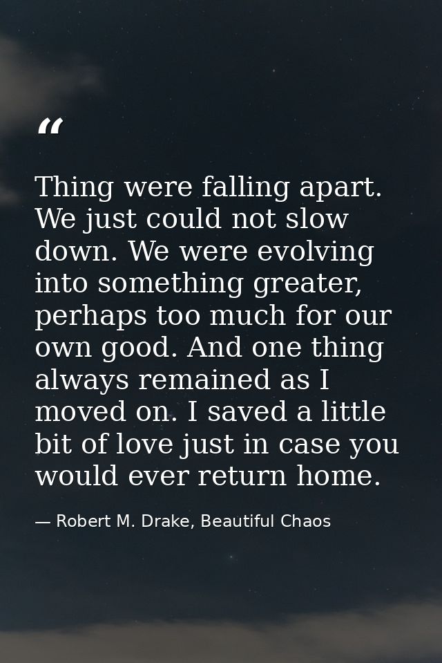 Thing were falling apart. We just could not slow down. We were evolving into something greater, perhaps too much for our — Robert M. Drake, Beautiful Chaos