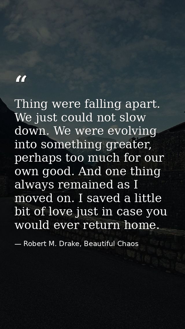 Thing were falling apart. We just could not slow down. We were evolving into something greater, perhaps too much for our — Robert M. Drake, Beautiful Chaos