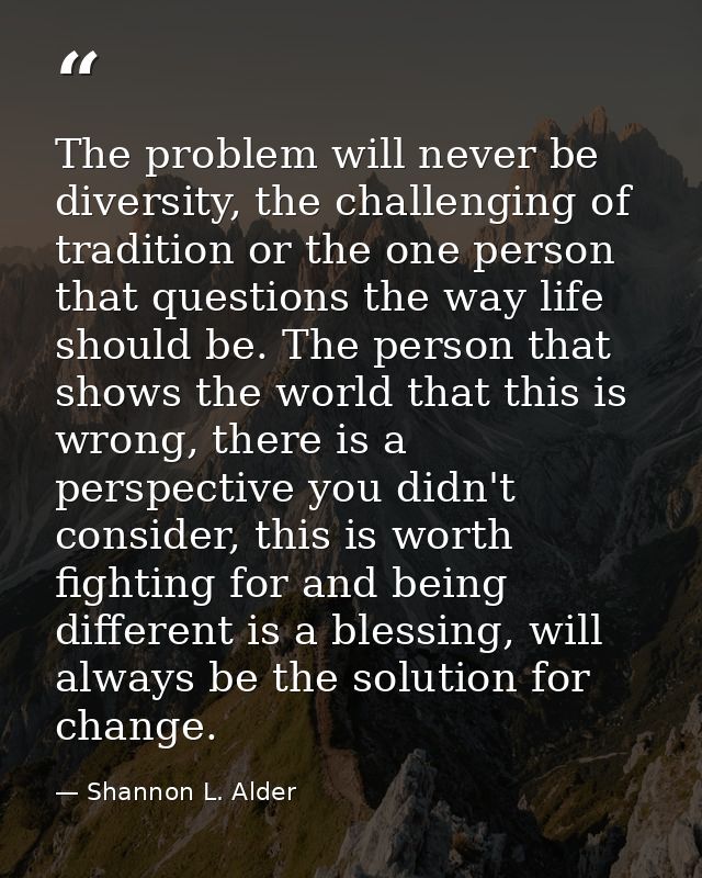 The problem will never be diversity, the challenging of tradition or the one person that questions the way life should b — Shannon L. Alder