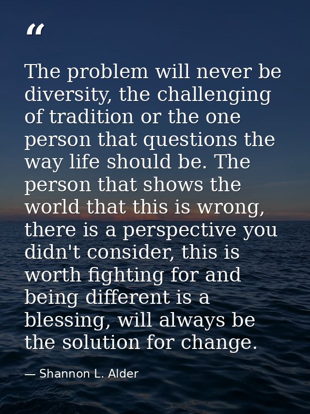 The problem will never be diversity, the challenging of tradition or the one person that questions the way life should b — Shannon L. Alder