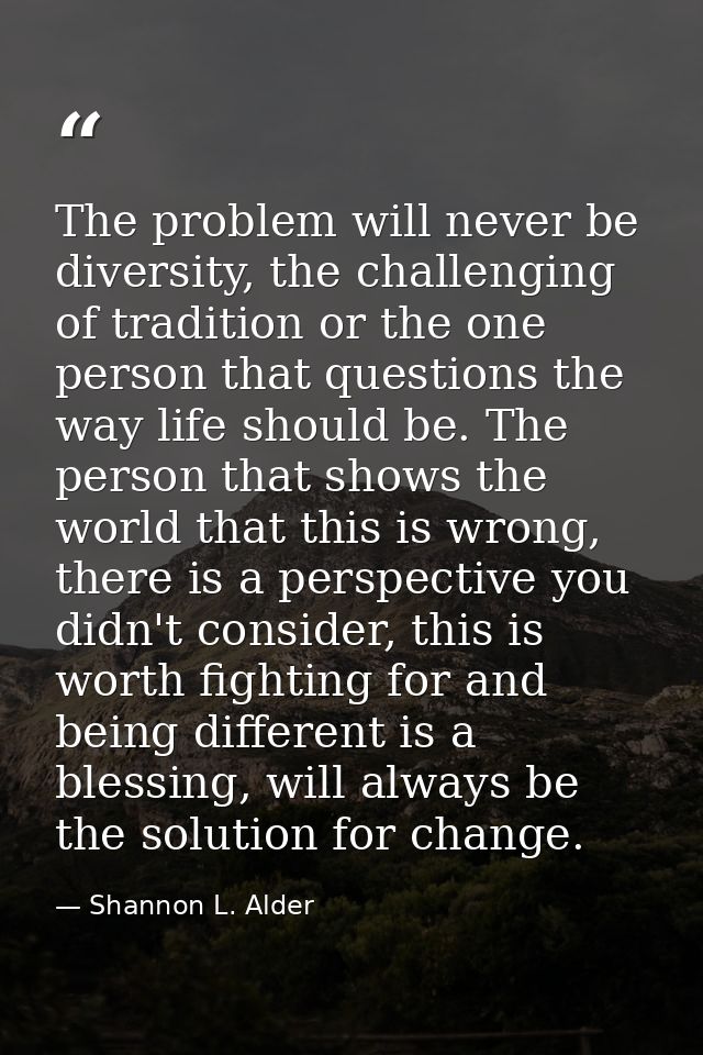 The problem will never be diversity, the challenging of tradition or the one person that questions the way life should b — Shannon L. Alder