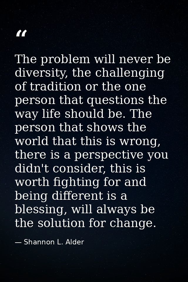 The problem will never be diversity, the challenging of tradition or the one person that questions the way life should b — Shannon L. Alder