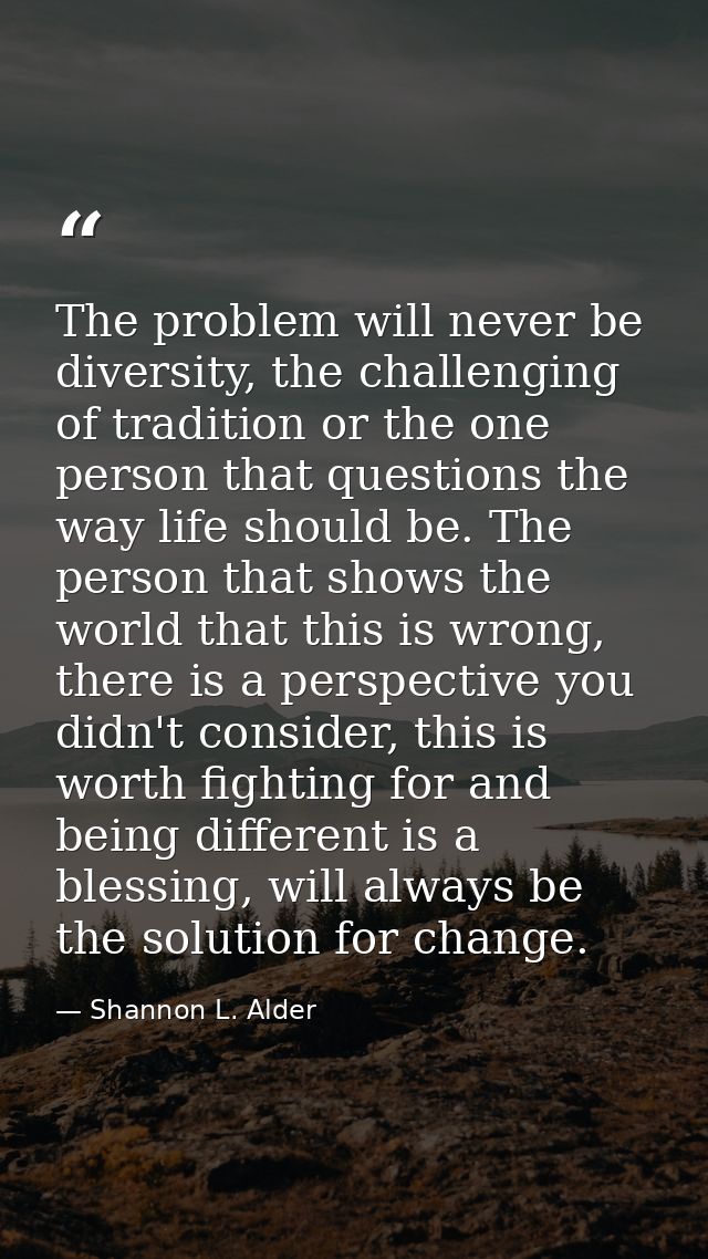 The problem will never be diversity, the challenging of tradition or the one person that questions the way life should b — Shannon L. Alder