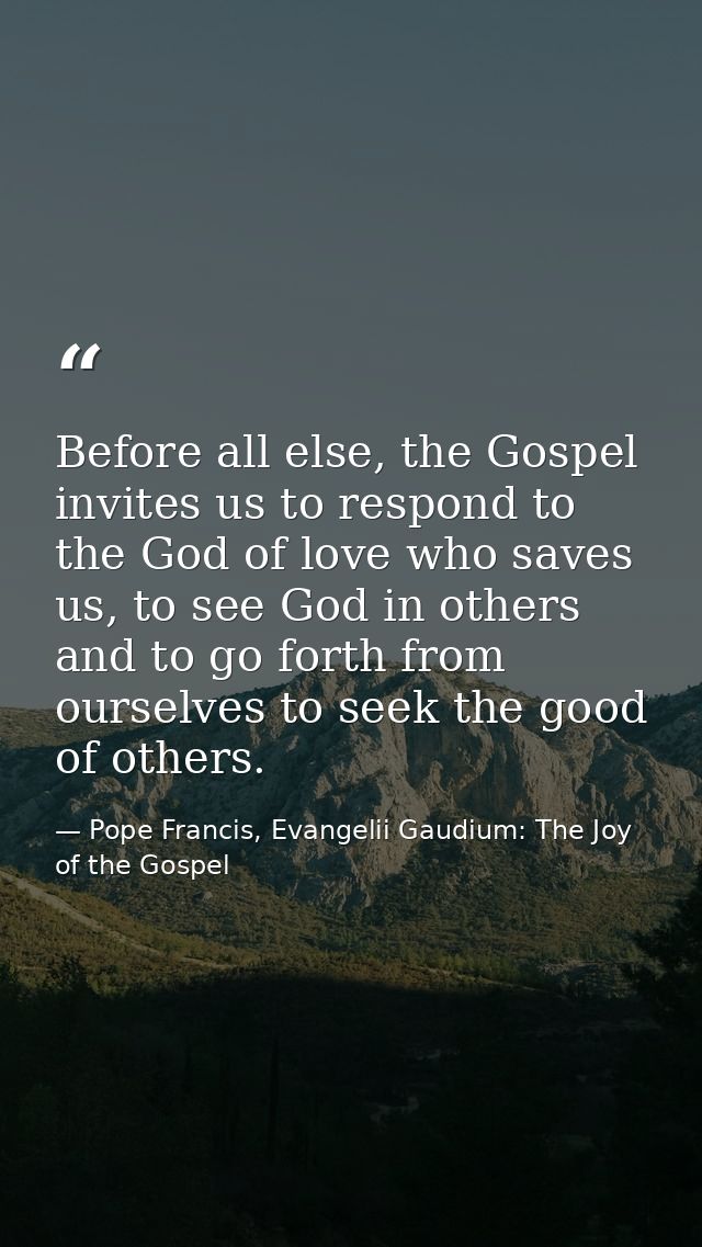 Before all else, the Gospel invites us to respond to the God of love who saves us, to see God in others and to go forth  — Pope Francis, Evangelii Gaudium: The Joy of the Gospel