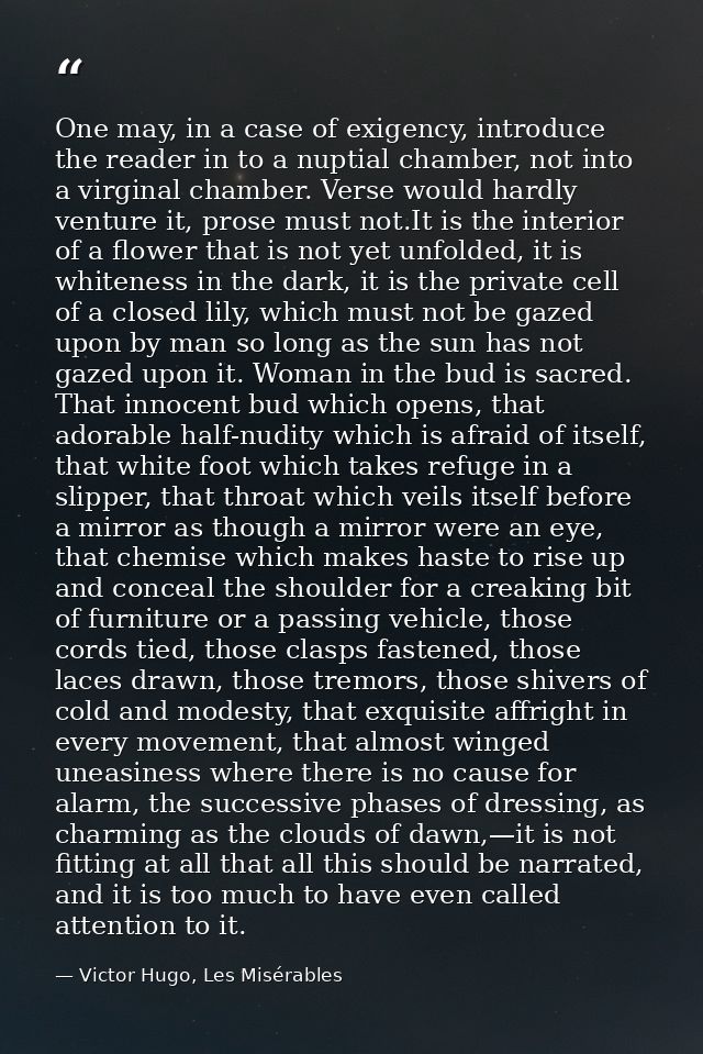 One may, in a case of exigency, introduce the reader in to a nuptial chamber, not into a virginal chamber. Verse would h — Victor Hugo, Les Misérables