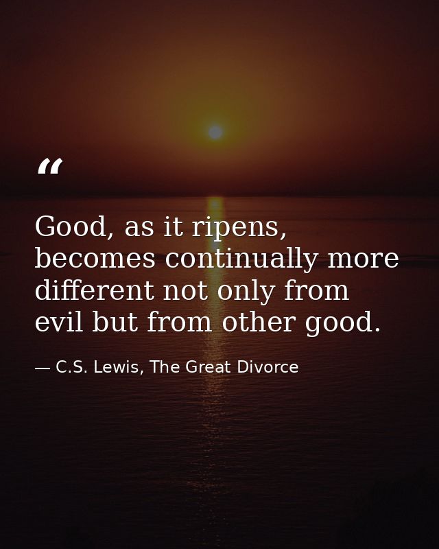 Good, as it ripens, becomes continually more different not only from evil but from other good. — C.S. Lewis, The Great Divorce