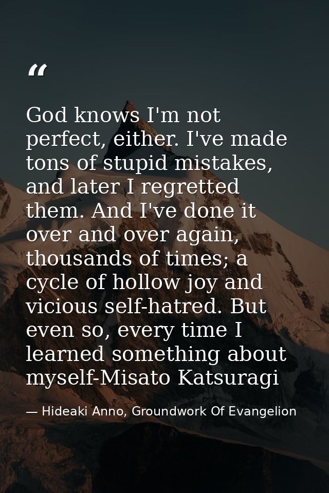 God knows I'm not perfect, either. I've made tons of stupid mistakes, and later I regretted them. And I've done it over  — Hideaki Anno, Groundwork Of Evangelion
