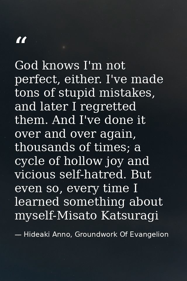 God knows I'm not perfect, either. I've made tons of stupid mistakes, and later I regretted them. And I've done it over  — Hideaki Anno, Groundwork Of Evangelion