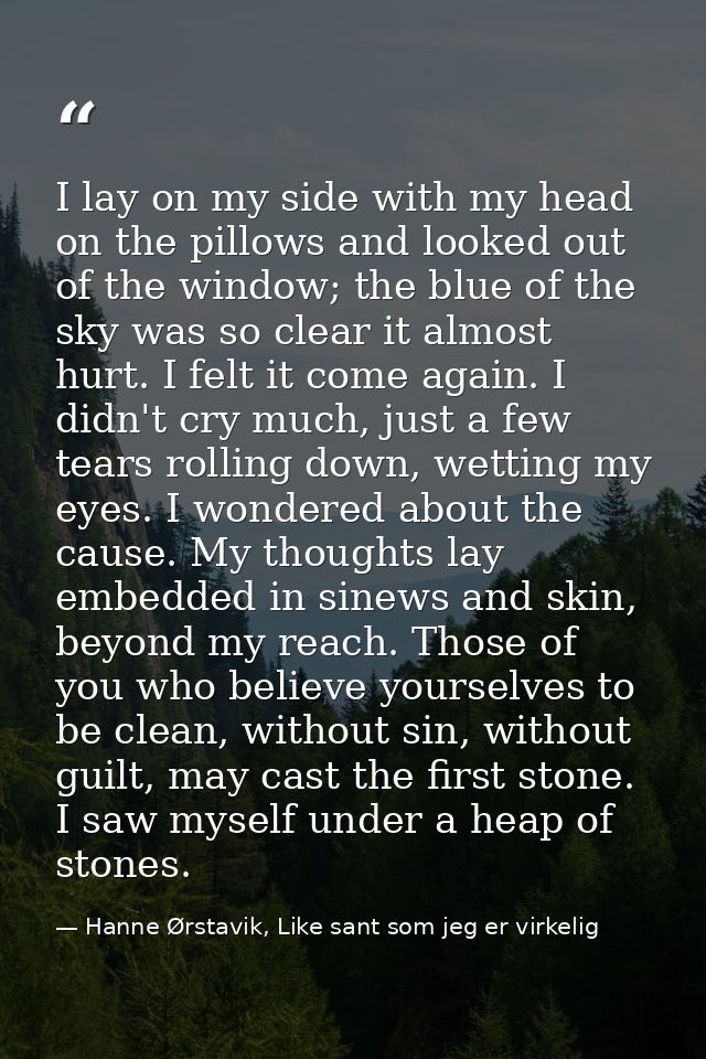 I lay on my side with my head on the pillows and looked out of the window; the blue of the sky was so clear it almost hu — Hanne Ørstavik, Like sant som jeg er virkelig