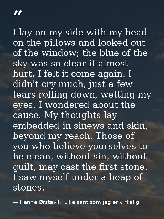 I lay on my side with my head on the pillows and looked out of the window; the blue of the sky was so clear it almost hu — Hanne Ørstavik, Like sant som jeg er virkelig