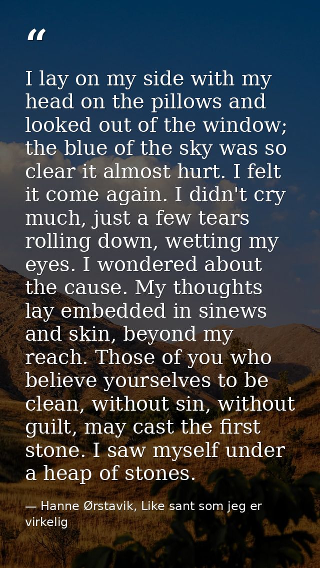 I lay on my side with my head on the pillows and looked out of the window; the blue of the sky was so clear it almost hu — Hanne Ørstavik, Like sant som jeg er virkelig