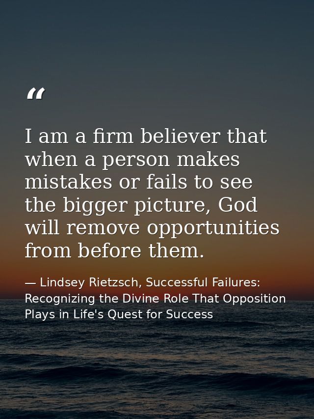 I am a firm believer that when a person makes mistakes or fails to see the bigger picture, God will remove opportunities — Lindsey Rietzsch, Successful Failures: Recognizing the Divine Role That Opposition Plays in Life's Quest for Success