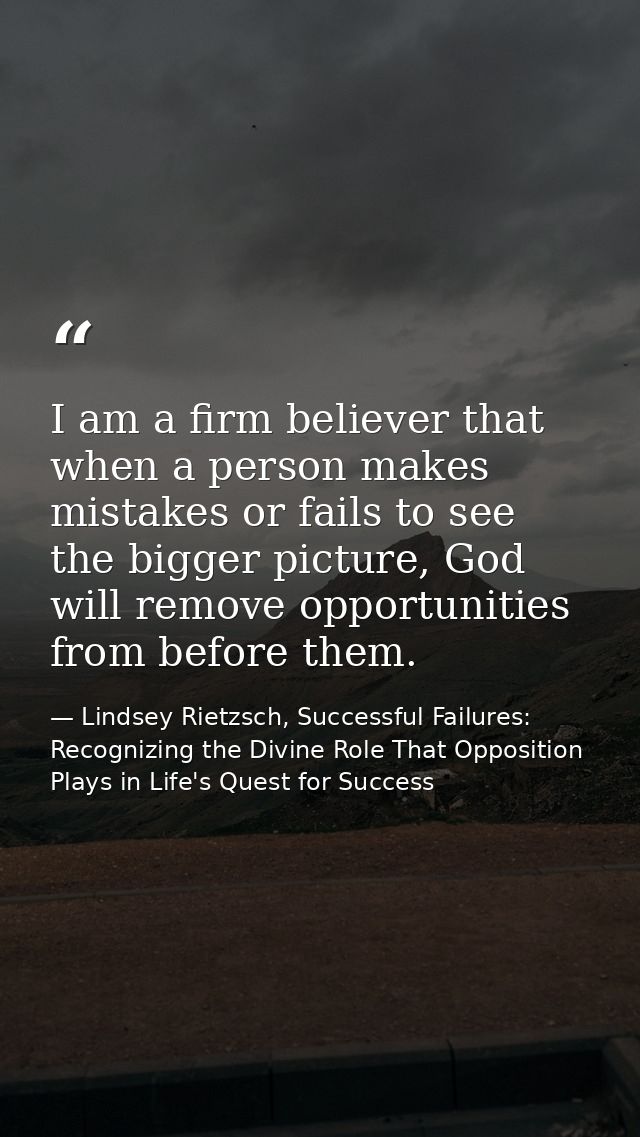 I am a firm believer that when a person makes mistakes or fails to see the bigger picture, God will remove opportunities — Lindsey Rietzsch, Successful Failures: Recognizing the Divine Role That Opposition Plays in Life's Quest for Success