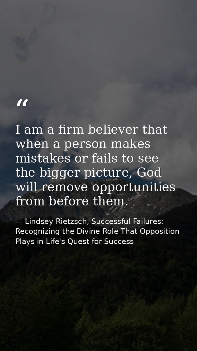 I am a firm believer that when a person makes mistakes or fails to see the bigger picture, God will remove opportunities — Lindsey Rietzsch, Successful Failures: Recognizing the Divine Role That Opposition Plays in Life's Quest for Success