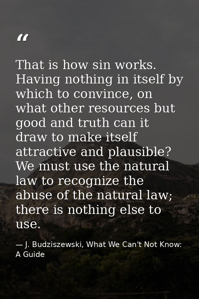 That is how sin works. Having nothing in itself by which to convince, on what other resources but good and truth can it  — J. Budziszewski, What We Can't Not Know: A Guide