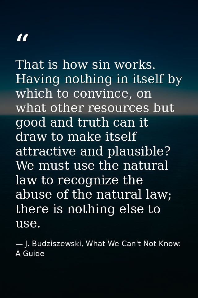 That is how sin works. Having nothing in itself by which to convince, on what other resources but good and truth can it  — J. Budziszewski, What We Can't Not Know: A Guide