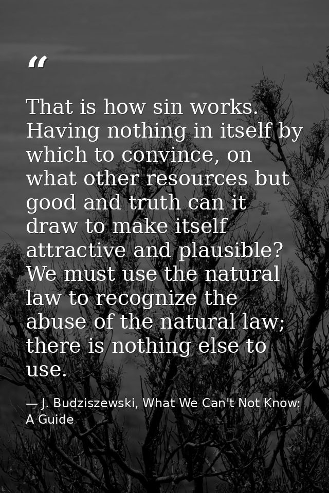 That is how sin works. Having nothing in itself by which to convince, on what other resources but good and truth can it  — J. Budziszewski, What We Can't Not Know: A Guide