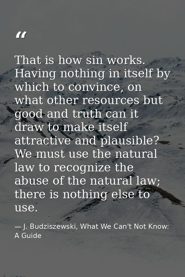 That is how sin works. Having nothing in itself by which to convince, on what other resources but good and truth can it  — J. Budziszewski, What We Can't Not Know: A Guide