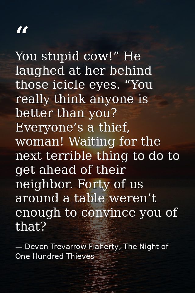 You stupid cow!” He laughed at her behind those icicle eyes. “You really think anyone is better than you? Everyone’s a t — Devon Trevarrow Flaherty, The Night of One Hundred Thieves