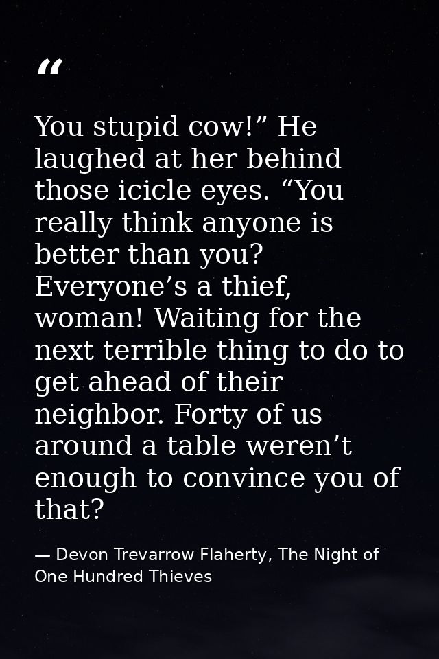 You stupid cow!” He laughed at her behind those icicle eyes. “You really think anyone is better than you? Everyone’s a t — Devon Trevarrow Flaherty, The Night of One Hundred Thieves