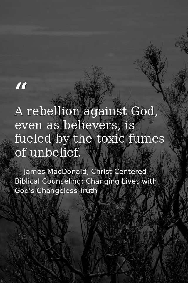 A rebellion against God, even as believers, is fueled by the toxic fumes of unbelief. — James MacDonald, Christ-Centered Biblical Counseling: Changing Lives with God's Changeless Truth