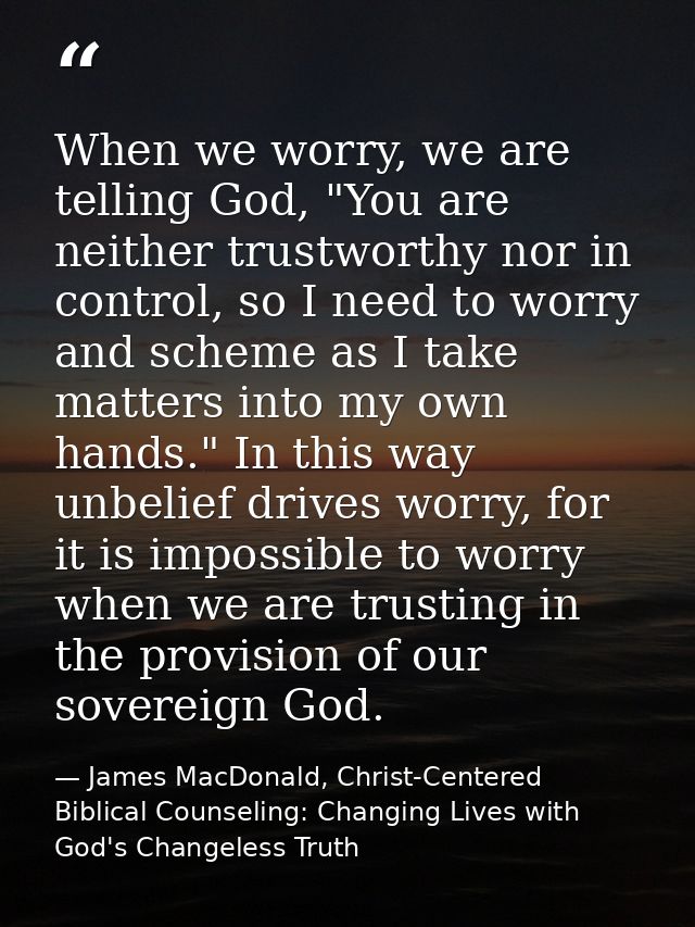 When we worry, we are telling God, "You are neither trustworthy nor in control, so I need to worry and scheme as I take  — James MacDonald, Christ-Centered Biblical Counseling: Changing Lives with God's Changeless Truth