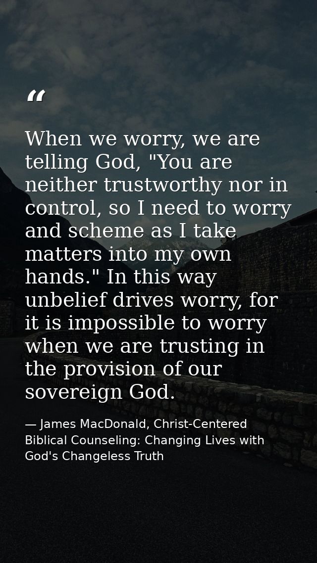 When we worry, we are telling God, "You are neither trustworthy nor in control, so I need to worry and scheme as I take  — James MacDonald, Christ-Centered Biblical Counseling: Changing Lives with God's Changeless Truth