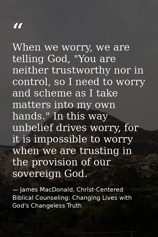 When we worry, we are telling God, "You are neither trustworthy nor in control, so I need to worry and scheme as I take  — James MacDonald, Christ-Centered Biblical Counseling: Changing Lives with God's Changeless Truth