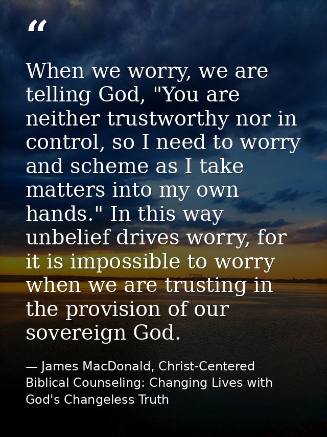 When we worry, we are telling God, "You are neither trustworthy nor in control, so I need to worry and scheme as I take  — James MacDonald, Christ-Centered Biblical Counseling: Changing Lives with God's Changeless Truth