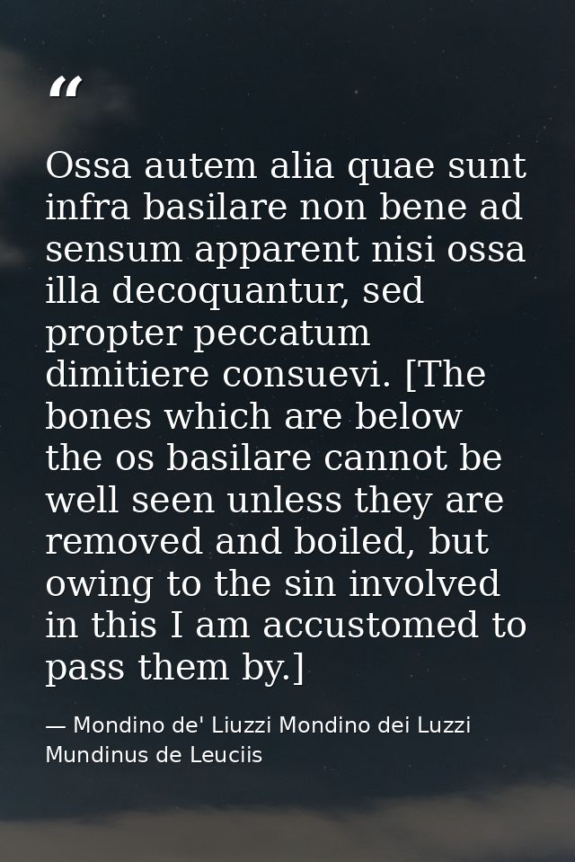 Ossa autem alia quae sunt infra basilare non bene ad sensum apparent nisi ossa illa decoquantur, sed propter peccatum di — Mondino de' Liuzzi Mondino dei Luzzi Mundinus de Leuciis